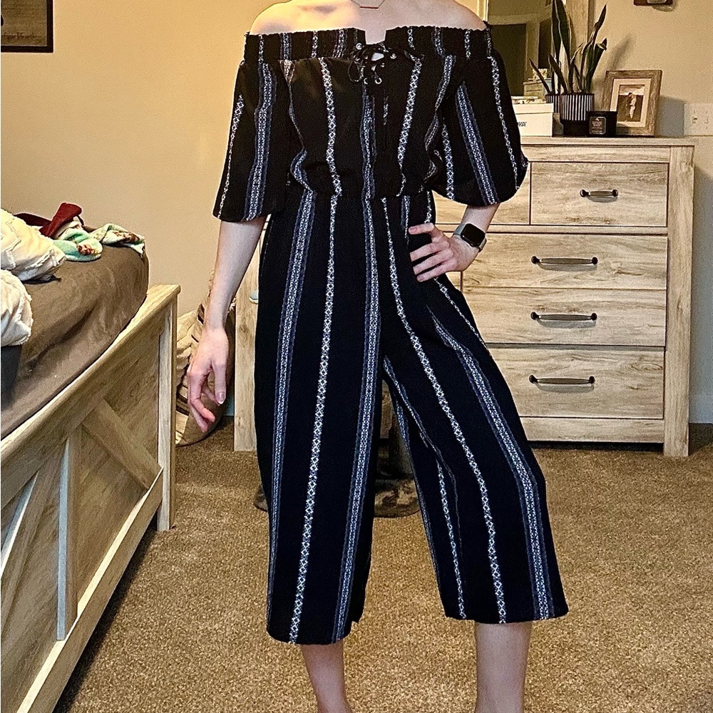 Bailey Blue Off-Shoulder Black and White Striped Jumpsuit